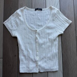 Brandy Melville  White Ribbed Short Sleeve Button Down